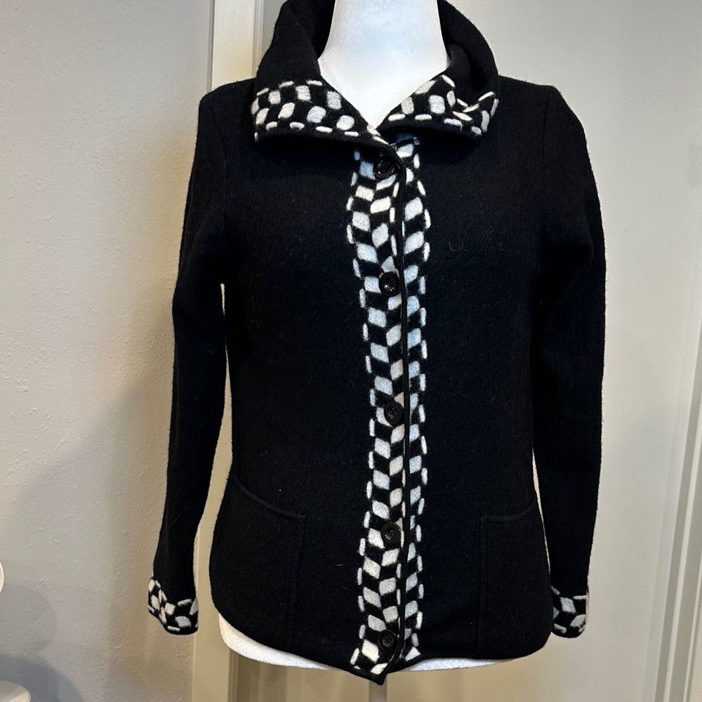 Talbots Petites 100% Wool Sweater Jacket Black White Check Trim Small EUC - Picture 3 of 7
